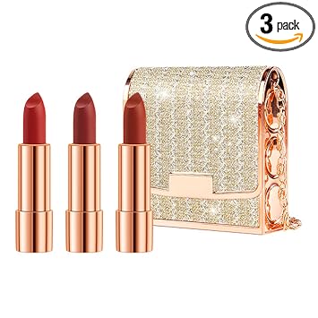 Newvenper Juego de pintalabios mate de 3 colores con bolsa de cadena plateada, paquete de lápiz labial de terciopelo, juego de lápices labiales impermeables y antiadherentes, de larga duración, retráctil, color rojo, 3.5 gx3 piezas