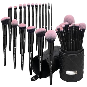 Bueart Design Juego de 18 brochas de maquillaje Pro Deluxe, color rosa fucsia, negro, con estuche de viaje para brochas de maquillaje, base, corrector, contorno, rubor, sombra de ojos, cara