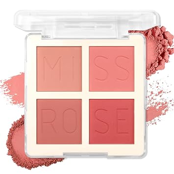 Paleta de rubor mate de 4 colores para mejillas – Polvo prensado altamente pigmentado para maquillaje de rubor facial, larga duración e impermeable, natural nude, tonos rosa y rojo para todos los