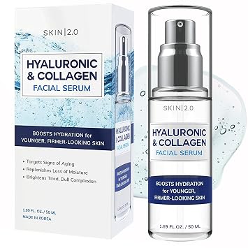 Skin 2.0 Suero Facial de Ácido Hialurónico y Colágeno - Probado por Dermatólogos, Reafirmante, Hidratante - Antienvejecimiento, Belleza Limpia, Cuidado de la Piel Coreano Libre de Crueldad Animal para
