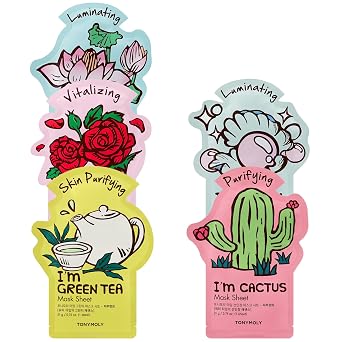 TONYMOLY Mascarillas faciales con texto en inglés "I'm Face Sheet Masks" - Hidratante y calmante para el cuidado de la piel