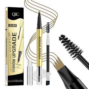 QIC Microblading - Lápiz de cejas de 4 puntas con gel de sellado para cejas, 2 en 1, impermeable, de larga duración, para maquillaje natural, color marrón claro
