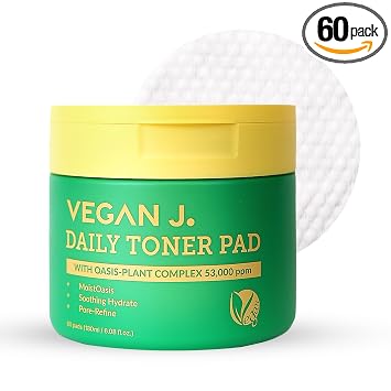 Vegan J Daily Toner Pads | Exfoliante, Hidratante, Hidratante | Vegan K-Beauty | Complejo Oasis-Plant 53,000 ppm | Refinación de poros y calmante para la piel | 100% algodón (60 almohadillas)