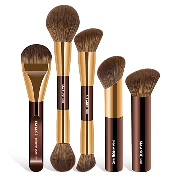 MAANGE Juego de 5 brochas de maquillaje para base con doble punta. Kabuki, brocha para contorno, para maquillaje líquido, en polvo, corrector, crema. Brochas de maquillaje para cosméticos (Oro café)