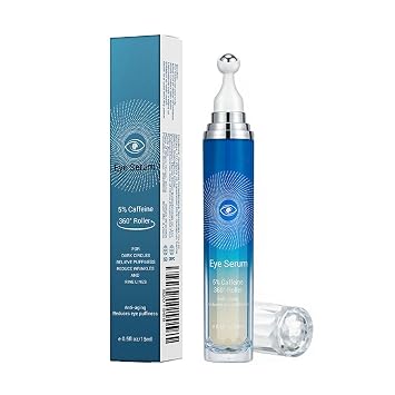Suero de ojos con 5% de cafeína, crema antienvejecimiento para debajo de los ojos para ojeras, hinchazón, arrugas y líneas finas, crema coreana para el cuidado de los ojos con bola de masaje de 360°, tratamiento de bolsas para los ojos para hombres y mujer