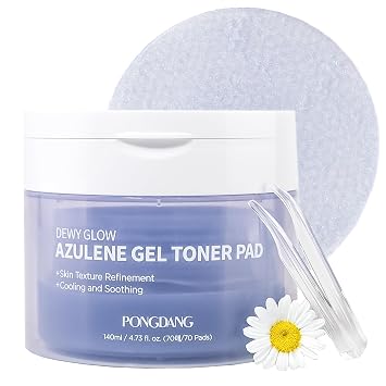 PONGDANG Dewy Glow Azulene Gel Toner Pad (70 almohadillas) | Almohadillas faciales refrescantes y calmantes para hidratación, textura de la piel y brillo con guaiazuleno, manzanilla, colágeno vegano | Cuidado de la piel coreano