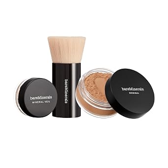 Kit Original Get Started de bareMinerals, Set de Maquillaje de 3 Piezas que Incluye Base Mineral Suelta Original de Tamaño Completo SPF 15, Brocha Beautiful Finish de Tamaño de Viaje y Polvo Fijador