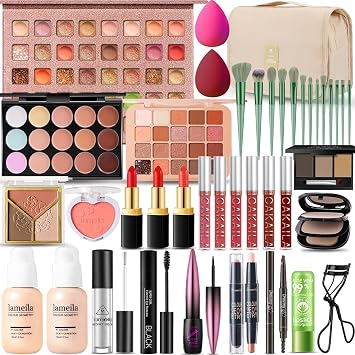 Kit de maquillaje todo en uno para mujer, kit completo de maquillaje profesional para viajes para mujeres y adolescentes, base, sombra de ojos, lápiz labial, lápiz de cejas, delineador, polvo de