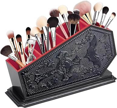 Soporte gótico para brochas de maquillaje con decoración de ataúd, regalos de bruja espeluznante para mujeres, vitrinas de cosméticos de murciélago, soporte para bolígrafo de decoración gótica