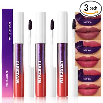 evpct 3 unidades de tinte labial líquido mate color granate malva rojo mate, tinte labial labial de larga duración impermeable para mujeres, copa antiadherente, se despega, altamente pigmentado, a prueba de manchas, 01# & 02# y 03#