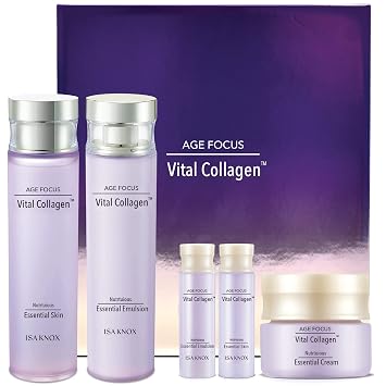 ISA KNOX AGE FOCUS VITAL COLLAGEN - Juego de regalo para el cuidado de la piel (12.51 onzas líquidas), tónico coreano de lujo de alta gama para la piel, loción de emulsión, crema de LG BEAUTY. Colágeno hidrolizado,