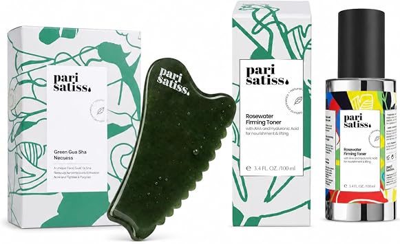 Nephrite Jade Gua Sha + Rose Water - Juego de tóner hidratante para esculpir drenaje linfático y tóner de ácido hialurónico de agua de rosas para levantar, deshinchar y brillar