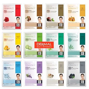 DERMAL Paquete de 12 mascarillas coreanas con esencia de colágeno al mejor valor, mascarilla facial hidratante y calmante con pantenol, mascarilla hipoalergénica para todo tipo de piel, mascarilla