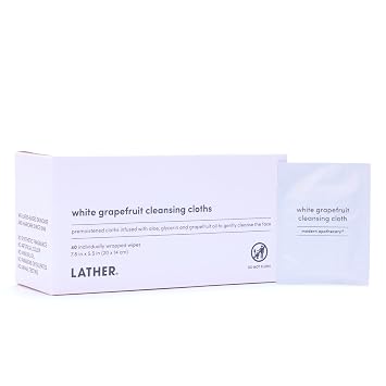 LATHER Paños de limpieza de pomelo blanco (40 unidades) envueltos individualmente (7.8 x 5.5 pulgadas) prehumedecidos con aloe, glicerina, aceite de toronja, toallitas suaves para la cara, veganas y