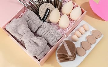 Powder Puff and Makeup Sponges Set, Reusable Face Makeup Sponge Blender with Strap, Wet/Dry Use for Foundation & Powder, Fluffy Bow Headband and Wrist Absorbent Wristband (20PCS-Brown)