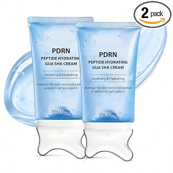 Paquete de 2 PDRN Crema hidratante de péptido Gua Sha, hidratante facial y cuello con aplicador Gua Sha integrado, hidratación profunda y soporte de barrera de la piel, 8.46 onzas en total