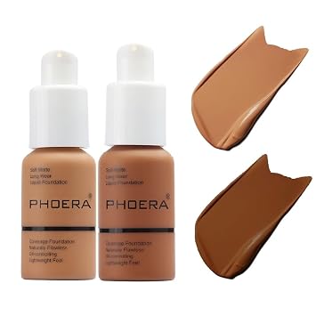 Paquete de 2 bases PHOERA 108# Tostado y 109# Mocha, base líquida mate suave con control antigrasa.