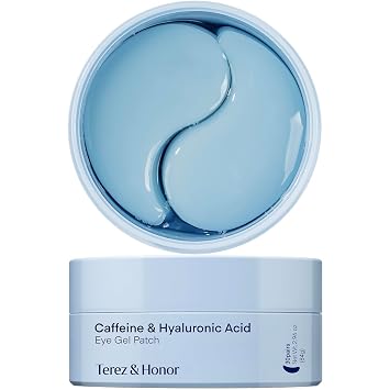 TEREZ & HONOR Parches de cafeína para debajo de los ojos, 60 mascarillas coreanas de hidrogel para ojos hinchados y ojeras con ácido hialurónico y niacinamida, hidratantes y refrescantes debajo de los