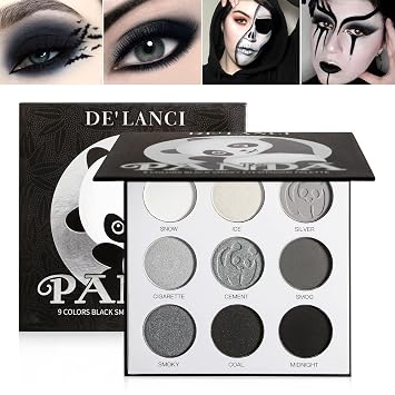 DE'LANCI PANDA - Paleta de sombras de ojos ahumadas negras, 9 colores verdaderos, negro, gris oscuro, ahumado, gótico, paleta de maquillaje, 9 tonos suaves mate brillantes de alta pigmentación, tono básico negro, blanco y gris, para Halloween
