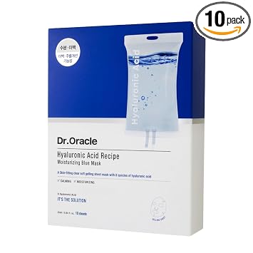 DR.ORACLE Mascarilla hidratante azul con receta de ácido hialurónico – Mascarilla de hidratación profunda con 8 tipos de ácido hialurónico para piel seca y deshidratada, cuidado de la piel coreano, 10