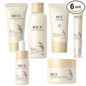 Set hidratante para el cuidado de la piel coreano con limpiador de arroz, tónico, suero, suero de ojos, crema facial, protector solar, piel radiante, ácido hialurónico de rutina de 6 pasos y ceramidas