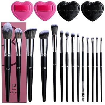 BS-MALL Juego de 14 brochas de maquillaje profesionales con 4 mini esponjas de mezcla de maquillaje, brocha de base, esponja de polvo y esponjas de maquillaje para un uso diario impecable (negro)