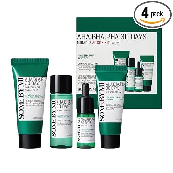 SOME BY MI AHA BHA PHA 30Days Miracle AC SOS Kit - Tóner 1.01oz, suero 0.33oz, crema 0.7oz, espuma 1.01oz - Set exfoliante suave para el cuidado diario de la piel - Desechos de piel, sebo, cuidado de