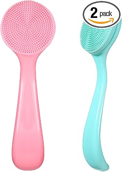 Cepillo de limpieza facial manual de silicona, 2 unidades, cepillo exfoliante facial suave, impermeable, limpiador exfoliante para puntos negros, eliminación de residuos de maquillaje (rosa, azul)