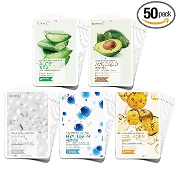 EUNYUL Paquete de 50 mascarillas naturales (paquete de 50), 5 tipos x 10 hojas (aguamarina, colágeno, perla, hialurón, aguacate) - Mascarillas coreanas para el cuidado diario de la piel