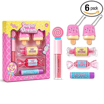 M&U MAKE YOU UP MU - Juego de 6 piezas de brillo labial de caramelo con sabor brillante para niñas, maquillaje para niños, regalo de cumpleaños, hermoso brillo, a base de plantas, recuerdo de fiesta