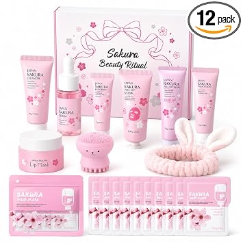 MrCuvaryas Sakura Set de Cuidado de la Piel para Adolescentes y Mujeres, Kit de Cuidado Facial de 32 Piezas con Esencia de Flor de Cerezo, Suero, Limpiador, Mascarilla Labial, Mascarilla de Lodo y Más