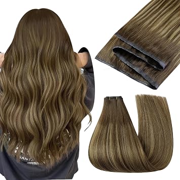 Easyouth Extensiones de cabello humano de 3.53 oz de trama de mariposa de 18 pulgadas, balayage, tramas de cabello humano de mariposa transpirable, ombré, mezcla de castaño medio rubio caramelo