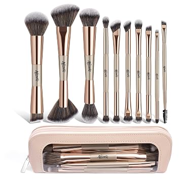 Juego de 10 brochas de maquillaje de viaje con bolsa, brochas de maquillaje, pinceles multifuncionales de doble extremo para base, polvo, rubor, delineador de ojos, sombra de ojos, juego de