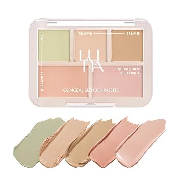 Paleta de Corrección y Ocultación de 5 en 1 LUNA Conceal Blender 01 Clear Cover con Beige, Verde, Vainilla, Melocotón Medio y Puro Brillante Construible, Adecuada para Tonos Neutros y Cálidos