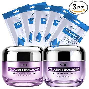 Azure - Juego de 3 piezas para el cuidado de la piel coreano con ácido hialurónico y colágeno, crema de día, crema de noche y máscara de hoja probada por dermatólogos, para hidratación húmeda, vegano