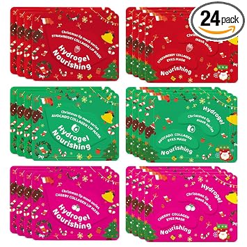 Xiuxixu 24 máscaras de labios y ojos para Navidad, parches de colágeno debajo de los ojos para ojos hinchados, ojeras, máscara de labios y ojos, cuidado de la piel a granel para mujeres