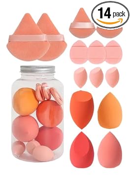 14 Pcs Makeup Sponge Set, Beauty Sponges Blender with 7 Pcs Powder Puff and 3 Pcs Mini Make up Sponges Valentine's Day, Mother's Day for Women Liquid, Foundation, Powder, Concealer, Cream(Orange)