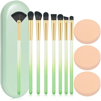 Juego de 8 brochas de maquillaje de ojos, 8 brochas sintéticas para sombra de ojos en ángulo, cepillo de labios con 3 esponjas de polvo y estuche verde
