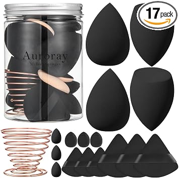 Juego de 17 esponjas de maquillaje con 3 mini esponjas de maquillaje, 1 soporte para esponjas de maquillaje, 3 esponjas de maquillaje para base y 6 esponjas de polvo (negro)
