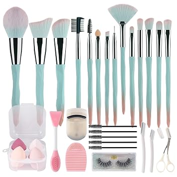 30 brochas de maquillaje degradadas de color rosa y azul con esponjas de maquillaje, juego de brochas de maquillaje, juego de brochas de maquillaje natural, sombra de ojos sintética natural, maquillaje de base de maquillaje facial mixto, colorete, correcto