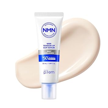 MAKE P:REM NMN NAD+ - Suero solar de colágeno, SPF 50, protector solar coreano, suero protector solar facial ligero con protección UV de amplio espectro, protector solar hidratante para el maquillaje