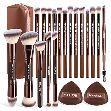 MAANGE - Juego de 20 brochas de maquillaje de viaje con estuche, multifuncionales, esenciales, 18 brochas de maquillaje, base, polvo, rubor, brochas de sombra de ojos con 2 almohadillas de cojín