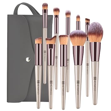 HEYMKGO - Juego de brochas de maquillaje portátiles, juego de brochas de maquillaje profesionales de color dorado champán, brochas sintéticas de alta calidad, correctores de polvo, sombras de ojos, rubor con bolsa de cosméticos, 10 tipos comunes