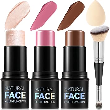 Kit de maquillaje en barra de contorno en crema de 3 piezas, tonos con resaltador, rubor y bronceador para esculpir las mejillas, larga duración, impermeable, acabado mate y húmedo (medio claro (2+5+6