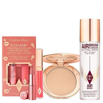 Charlotte Tilbury Holiday Kit - AIRbrush Flawless Setting Spray + AIRbrush Flawless Finish + Icon Baby Lip Duo - Hydrating Mist & Pressed Setting Powder Kit with Pink Lipstick Gloss Set