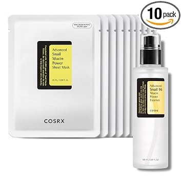 COSRX Glazed Donut Look- La mucina de caracol real 96% esencia reparadora con máscara de hoja de mucina de caracol (paquete de 10), suero hidratante para cara con filtrado de secreción de caracol para manchas oscuras y líneas finas