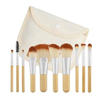 T4B MIMO Set Viaje Tamaño Bambú Maquillaje Cepillos Con Algodón Caso (BROWN 10 PCS)