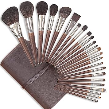 ENZO KEN Juego de brochas de maquillaje de pelo de cabra natural de lujo con estuche, juego de 24 brochas de maquillaje, pinceles de maquillaje natural de madera, cepillo de maquillaje de cerdas