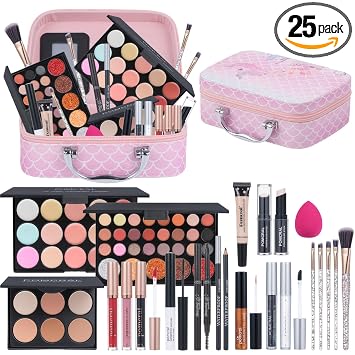Kit de maquillaje para principiantes, juego de maquillaje para adolescentes y mujeres, con sombra de ojos, corrector, brillo de labios, pinceles (rosa colorido)