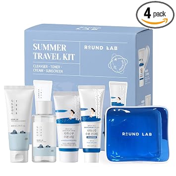 ROUND LAB Summer Travel Essential Kit with Sunscreen, 4 Step Skincare Set